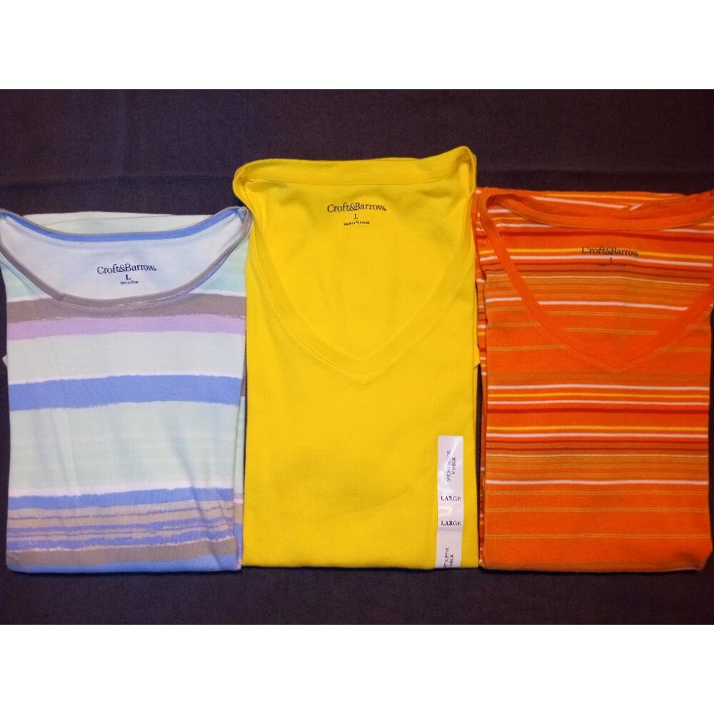 Croft & Barrow Yellow Large Tee (NWOT). Plus 2 More Bonus Striped Large Tee's